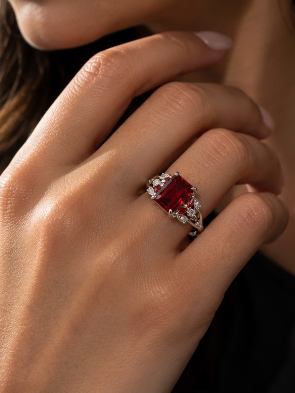 VTGsilver-tone ring rectangle emerald-cut Ruby-red color rhinestone accents Sz 8